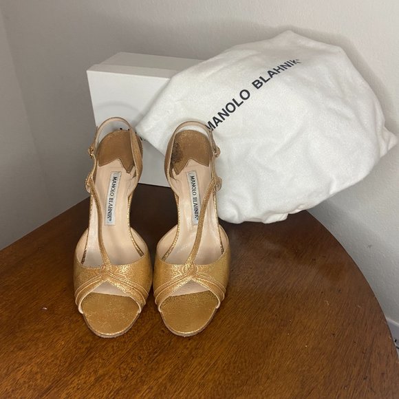 Manolo Blahnik Shoes - Manolo Blahnik Tan & Gold Strappy Pumps